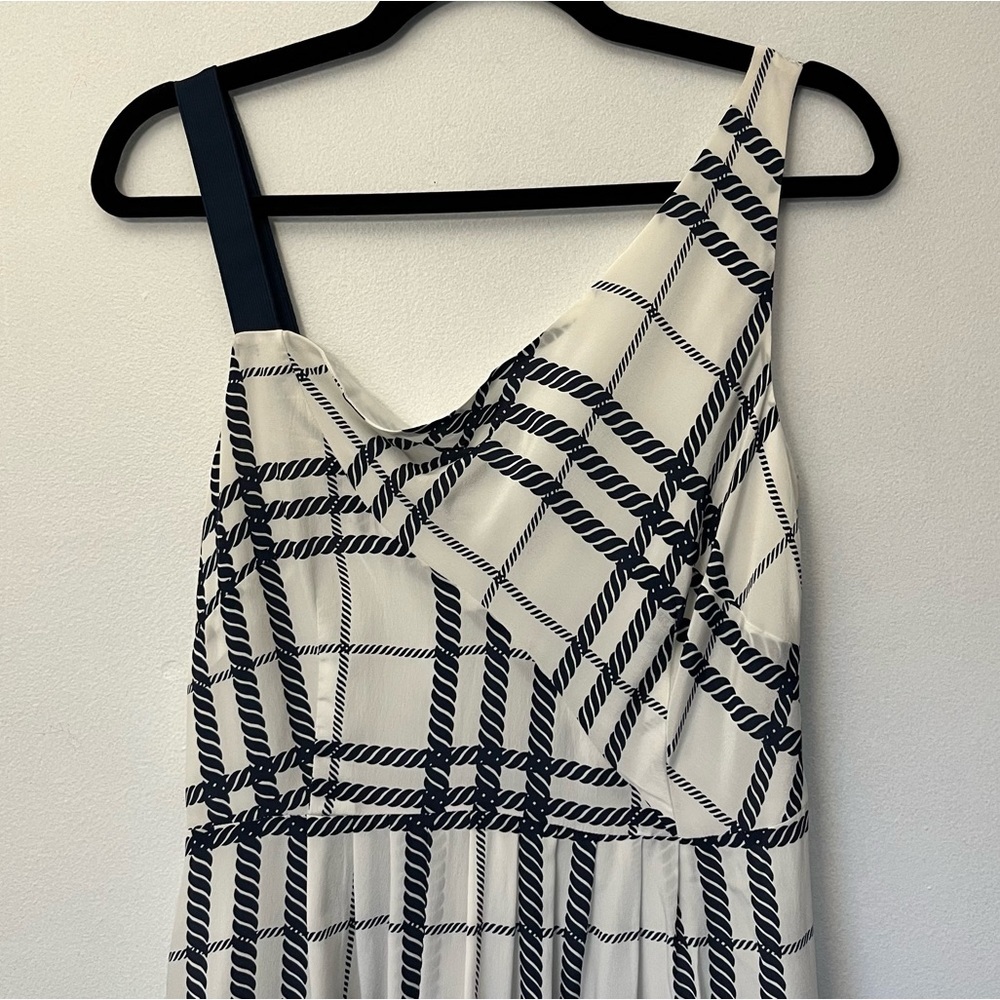 Moulinette Soeurs Silk Asymmetrical Neckline Knee-Length dress size 6 navy white - Picture 3 of 10